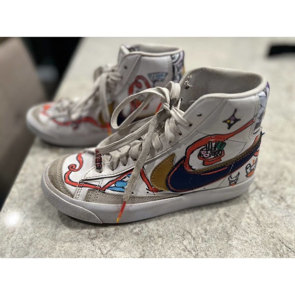 Custom Nike Blazer Mid '77 SE GS 'Double Swoosh- White Gold Blue Kid's Size 3.5Y